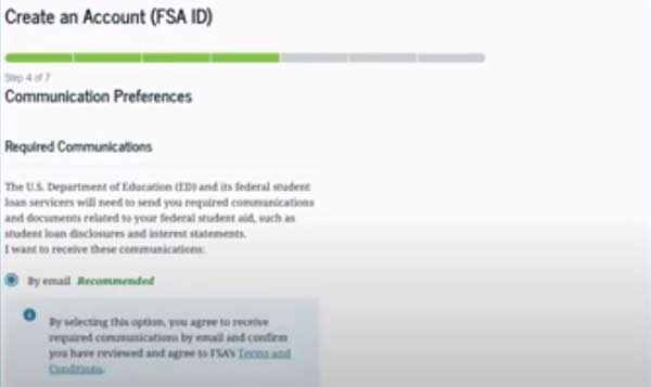 communication preferences to create an account to the fsa id in studentaid